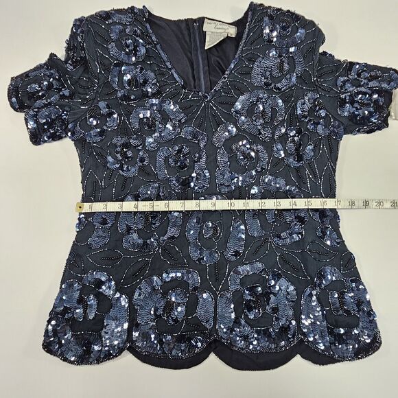 PAPELL Boutique Evening Navy Sequin Beaded Silk Scalloped Hem Blouse Top Size M - Picture 12 of 12
